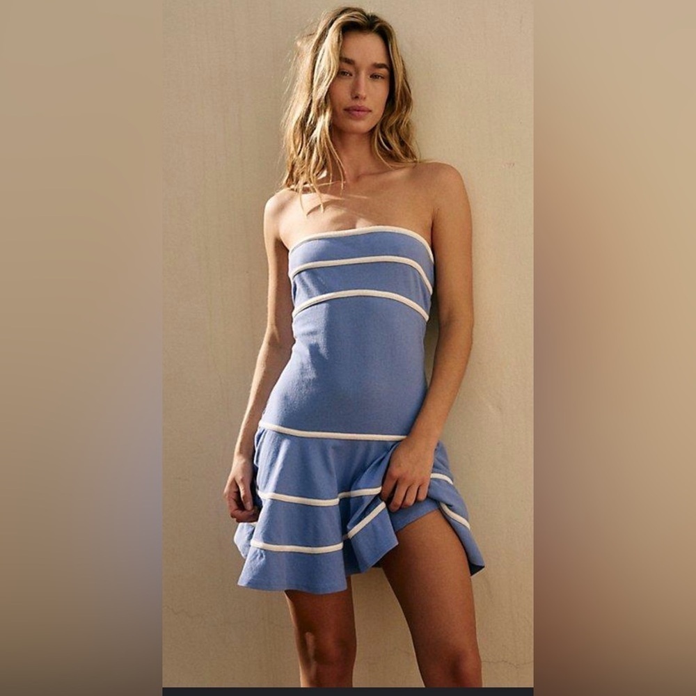 Free People Strapless Blue Mini Dress with White Trim